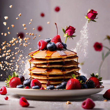 Pancakes with berries and maple syrup. Selective focus.の素材