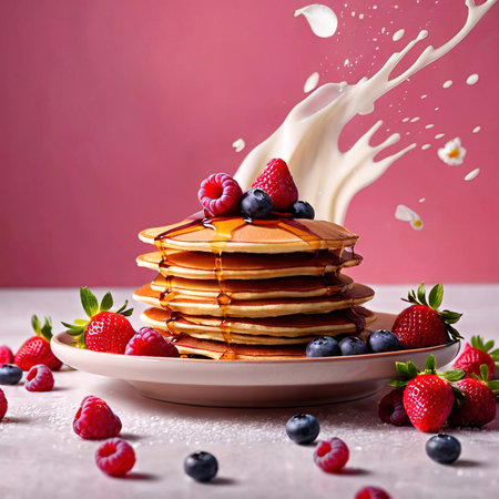 Stack of pancakes with fresh berries and maple syrup, selective focus.の素材