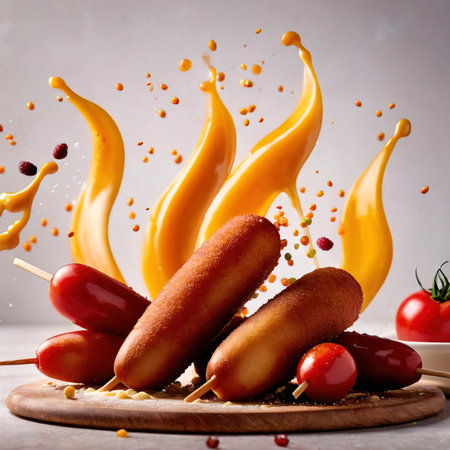 Fried sausages on wooden skewers with cherry tomatoes and sauceの素材