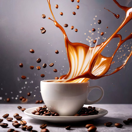 Coffee splash and coffee beans on a gray background. Copy space.の素材