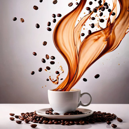 Coffee splash with coffee beans on white table. Coffee background.の素材