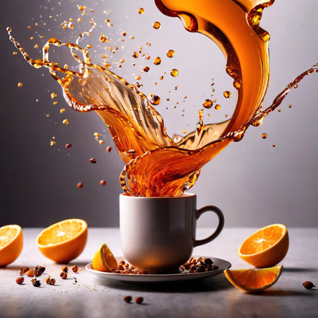Cup of coffee with orange splashes on a gray background.の素材