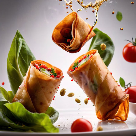 Pancakes with vegetables and spices falling on a white background.の素材
