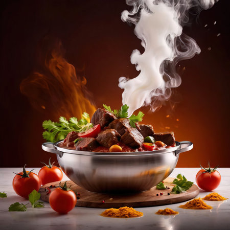 Beef stew with vegetables and spices in a copper pot on a dark backgroundの素材