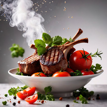 Grilled lamb chops with tomatoes, herbs and spices on a white plateの素材