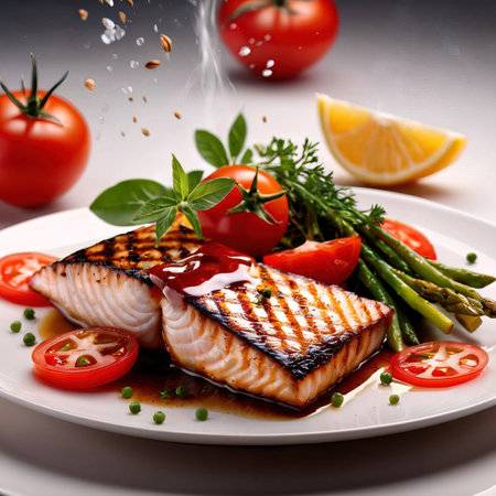 Grilled fish fillet with asparagus, tomatoes and lemonの素材