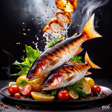 Fresh fish with spices and vegetables on a black background. Selective focus.の素材