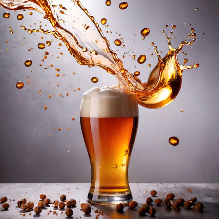 Glass of beer with foam and falling hazelnuts on grey backgroundの素材