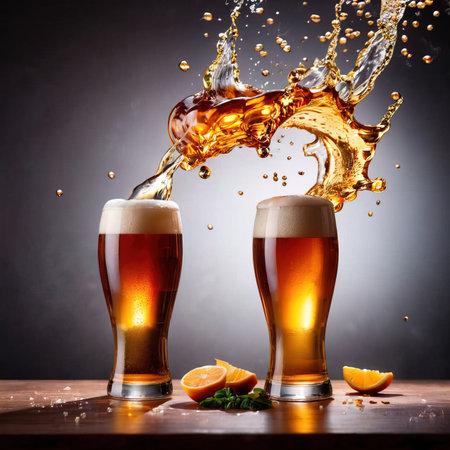 Pouring beer into glasses with splashes and oranges on wooden tableの素材