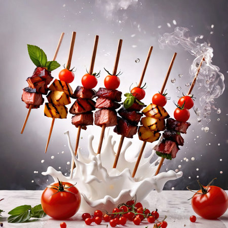 grilled meat skewers with vegetables and cherry tomatoes on skewersの素材