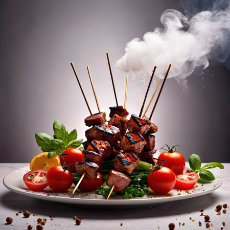 Grilled meat skewers with vegetables and spices on white plate.の素材