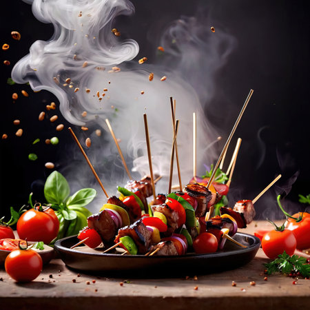 Grilled meat skewers with vegetables and spices on a dark backgroundの素材