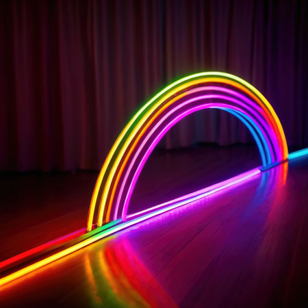 Neon light painting on the floor in the room with curtains.の素材