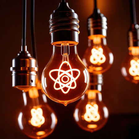 Incandescent Edison lightbulb with atom on dark background.の素材