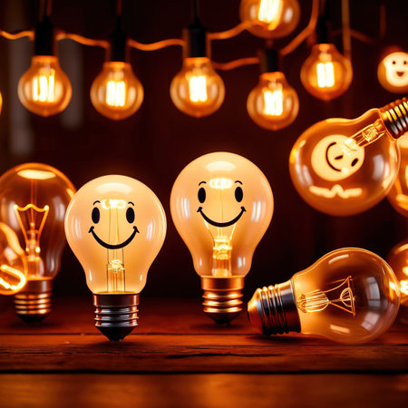 Incandescent light bulb with smiley face. Concept of good idea.の素材