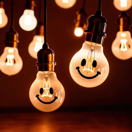 Decorative antique edison style filament light bulbs with smiley faceの素材