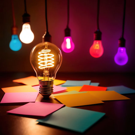 Light bulb and colorful paper notes on dark background. Business concept.の素材