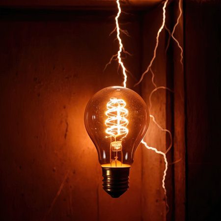 Incandescent light bulb on wooden background. Conceptual image.の素材