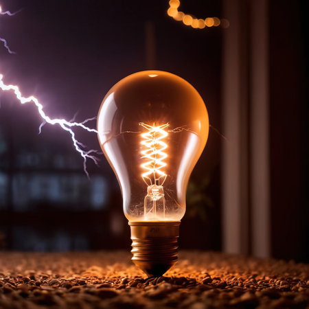 Incandescent light bulb on coffee beans with lightning in the backgroundの素材