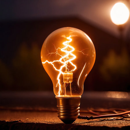 Incandescent light bulb with a lightning bolt in the background.の素材