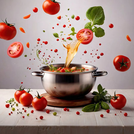 Falling cherry tomatoes and basil into a saucepan with flying ingredientsの素材