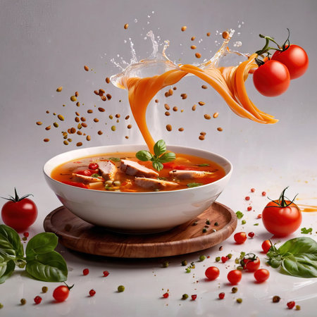 Tomato soup in a bowl with splashes and tomatoes on a white backgroundの素材