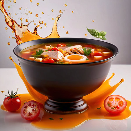 Chicken soup in a bowl with splashes on a white background.の素材