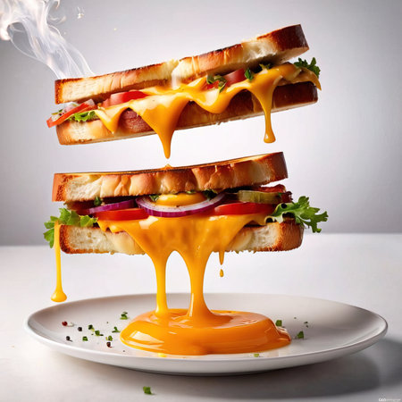 Sandwich with cheese, tomato, onion and sauce on a white plateの素材