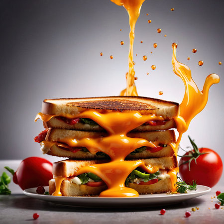 Homemade sandwich with fresh vegetables, cheese and tomato sauce on gray backgroundの素材