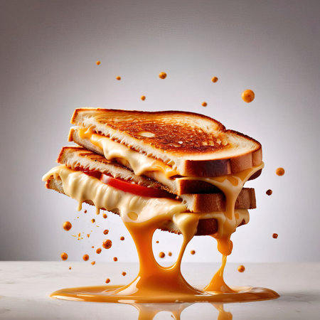 Toasted bread with melted cheese and caramel sauce on a light backgroundの素材