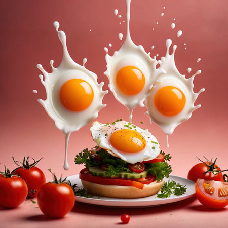 Breakfast with fried eggs and fresh vegetables on a red background.の素材