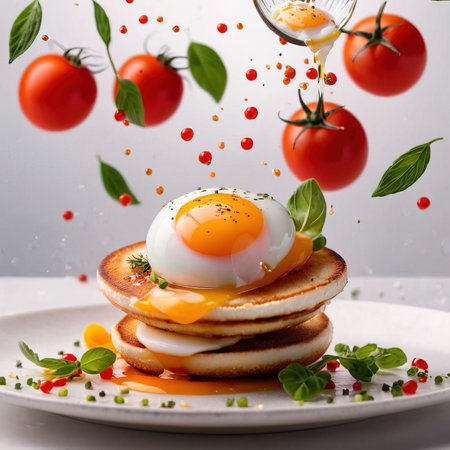 Falling pancakes with fried egg, cherry tomatoes and basil on white plateの素材