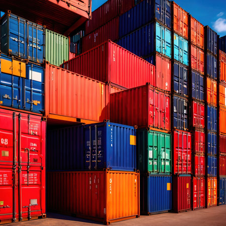 Stack of cargo containers at the docks. Freight transportation and logistics backgroundの素材