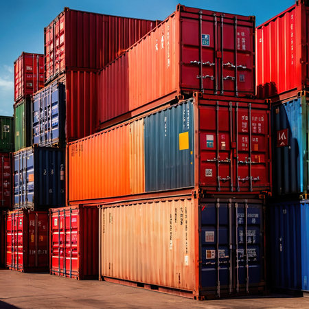 Stack of Cargo Containers at the docks for Logistic Import Export backgroundの素材