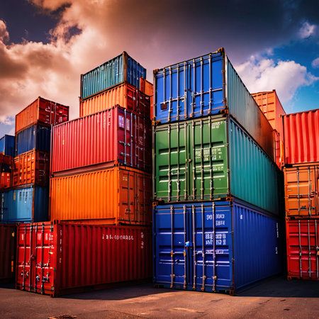 Stack of Cargo Containers at the docks. Industrial Container Cargo freight ship.の素材