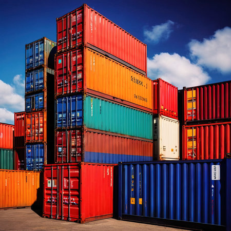 Stack of Cargo Containers at the docks. Freight Transportation Concept.の素材