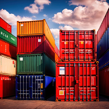 Stack of Cargo Containers at the docks. Cargo freight transportation.の素材