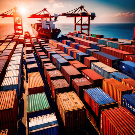 Shipping container vessel stacked with cargo containers used for transport of goods international across oceanの素材