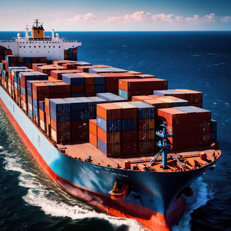 Shipping container vessel stacked with cargo containers used for transport of goods international across oceanの素材