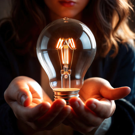 Hands holding bright glowing lightbulb, a metaphor for grapsing inspiration and future ideasの素材