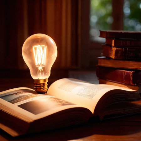 Bright glowing lightbulb on open book, showing enlightenment and learning, knowledgeの素材