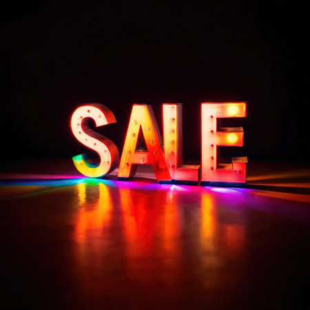 Bright lights sign with wording SALE communicating marketing promotion discountの素材