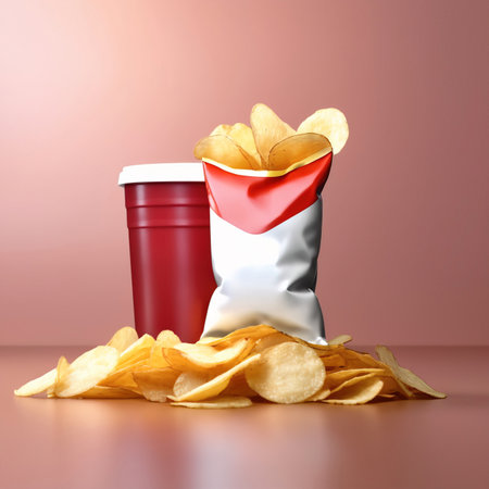 Bag of fried potato chips, blank generic packaging mockup photoの素材