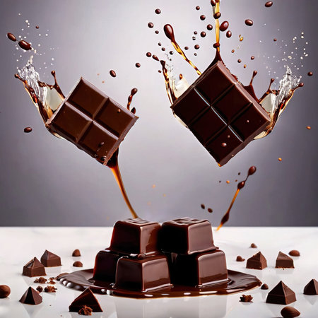 Chunks of luxury dark chocolate, with dynamic melted splash effectの素材