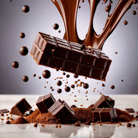 Chunks of luxury dark chocolate, with dynamic melted splash effectの素材