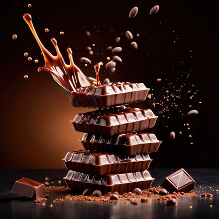 Chunks of luxury dark chocolate, with dynamic melted splash effectの素材