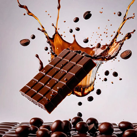 Chunks of luxury dark chocolate, with dynamic melted splash effectの素材