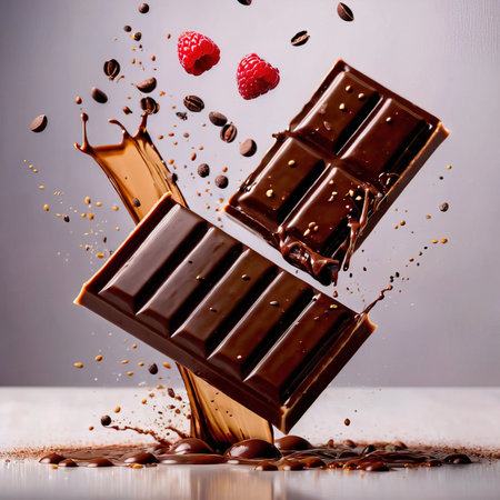 Chunks of luxury dark chocolate, with dynamic melted splash effectの素材