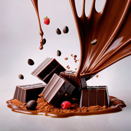 Chunks of luxury dark chocolate, with dynamic melted splash effectの素材