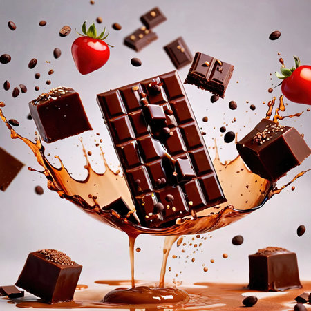 Chunks of luxury dark chocolate, with dynamic melted splash effectの素材